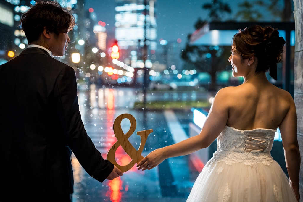 A mystical Tokyo Station photo wedding in the rain.