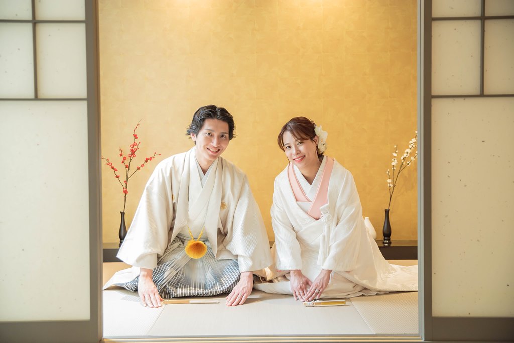 A traditional attire photo shoot styled with trendy light colors to create a harmonious atmosphere.