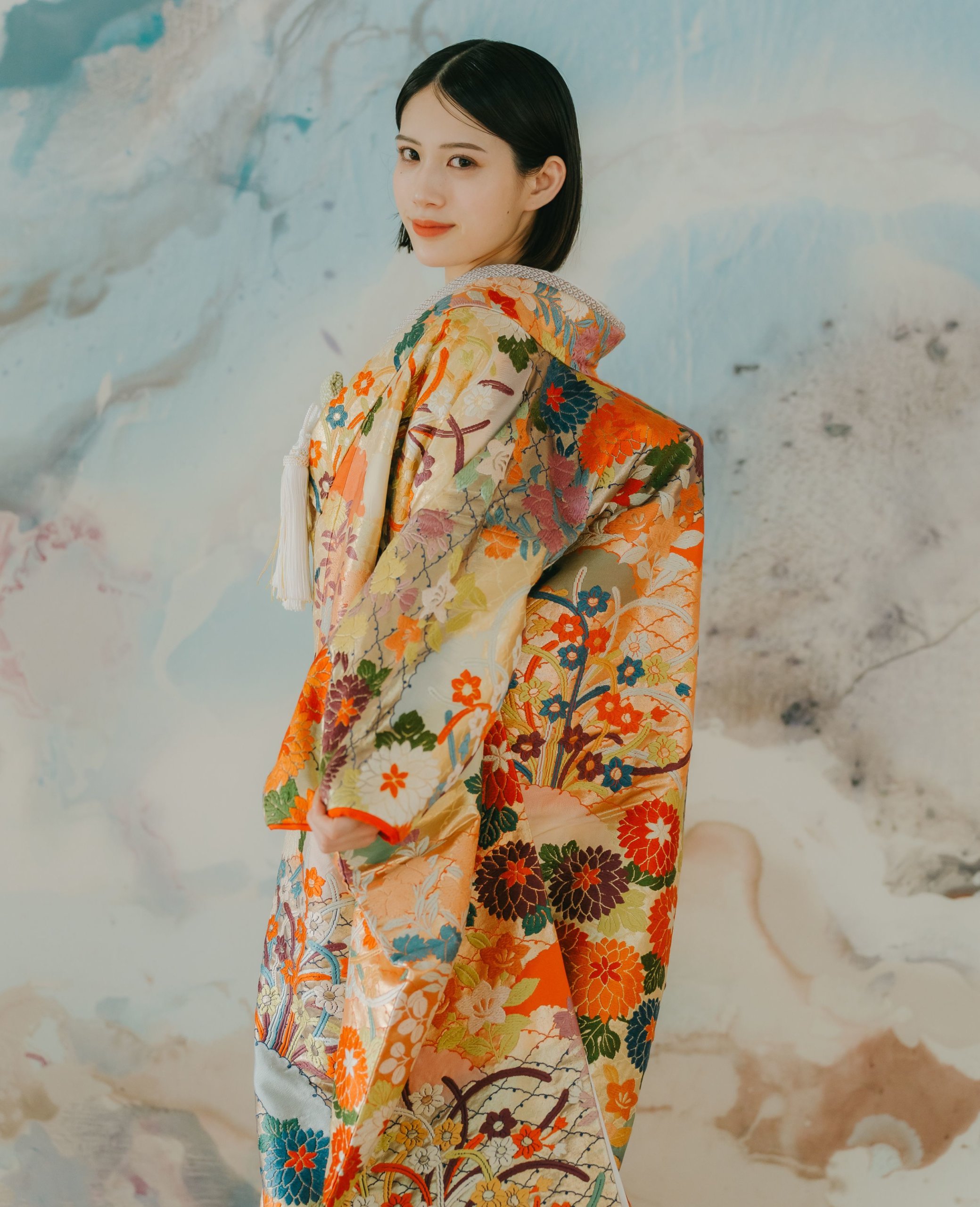 Orange Blossom style irouchikake (coloured wedding kimono) (AR01): available at our Tokyo St. studio for a pre-wedding photoshoot in Japan.