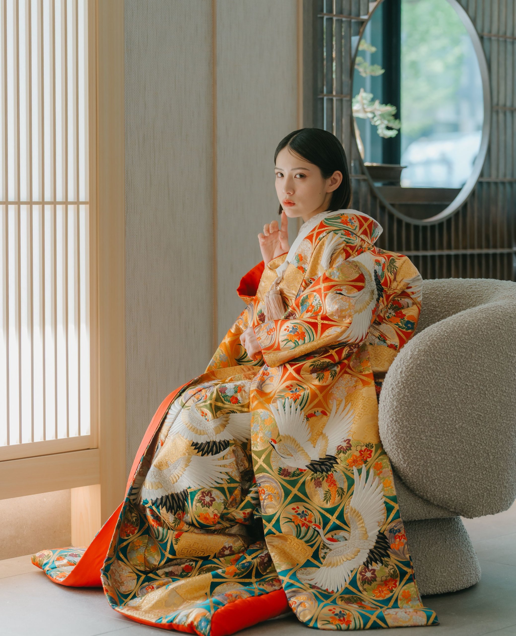 Diamond Blossom style irouchikake (coloured wedding kimono) (AR06): available at our Tokyo St. studio for a pre-wedding photoshoot in Japan.