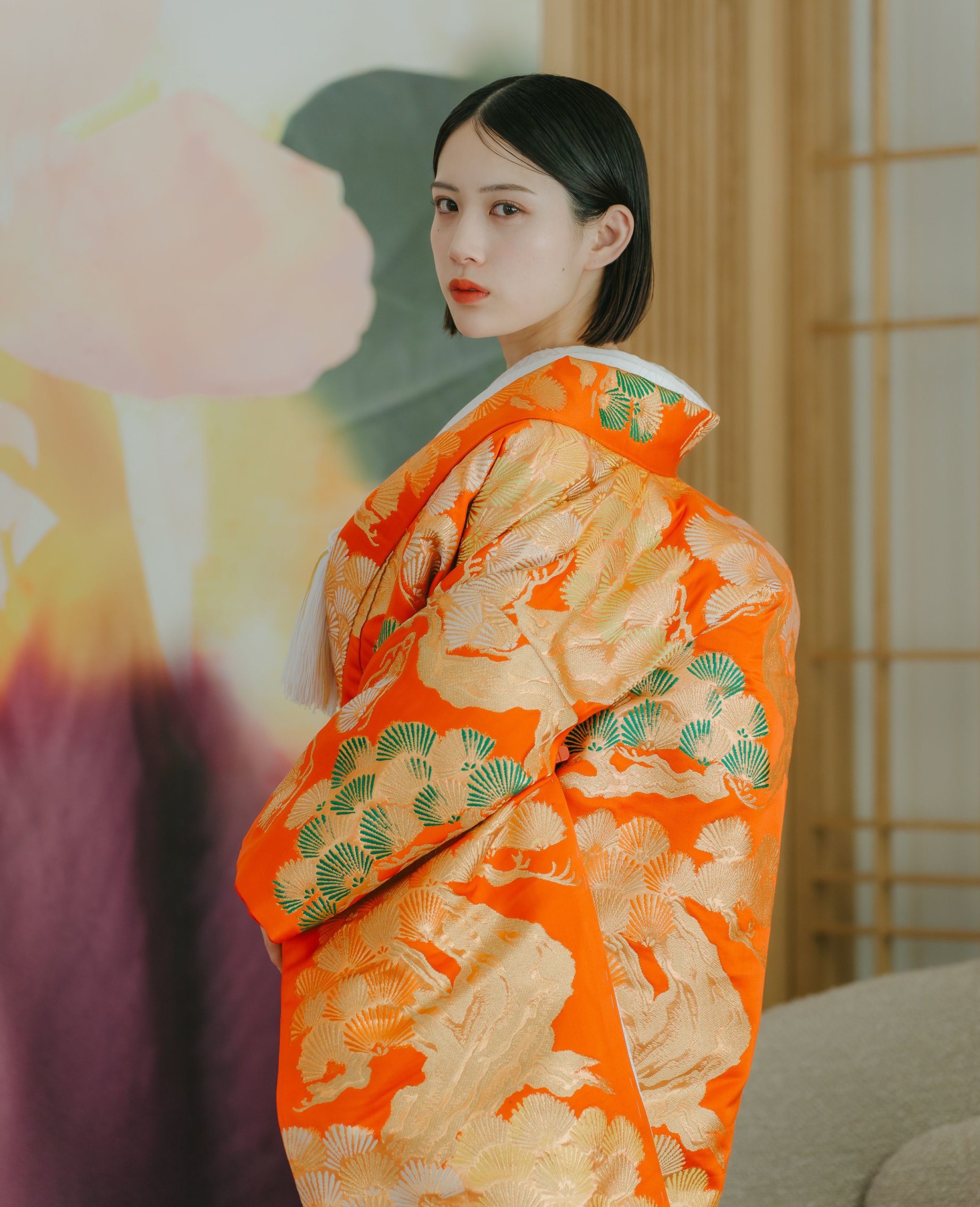 Crimson Cloud style irouchikake (coloured wedding kimono) (AB01): available at our Tokyo St. studio for a pre-wedding photoshoot in Japan.