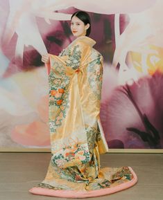 Warm Yamabuki Gold style irouchikake (coloured wedding kimono) (AMOS22): available at our Tokyo St. studio for a pre-wedding photoshoot in Japan.