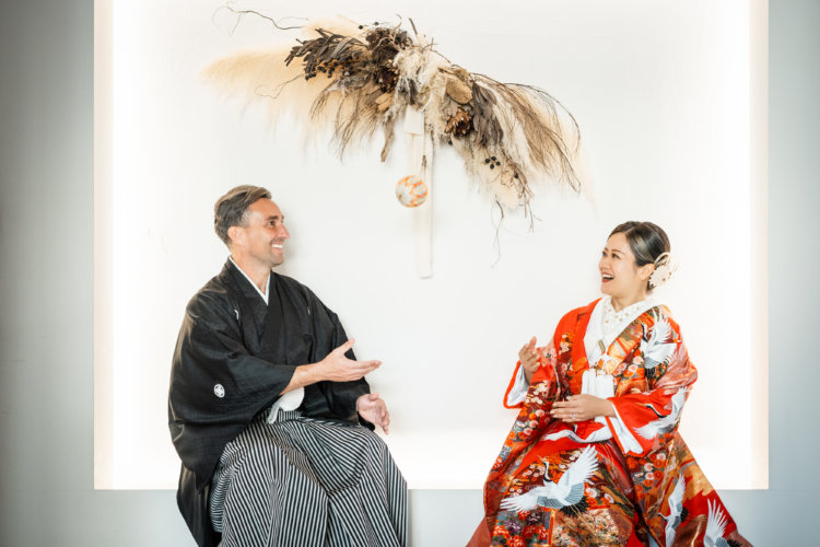 Red formal kimono Crested kimono