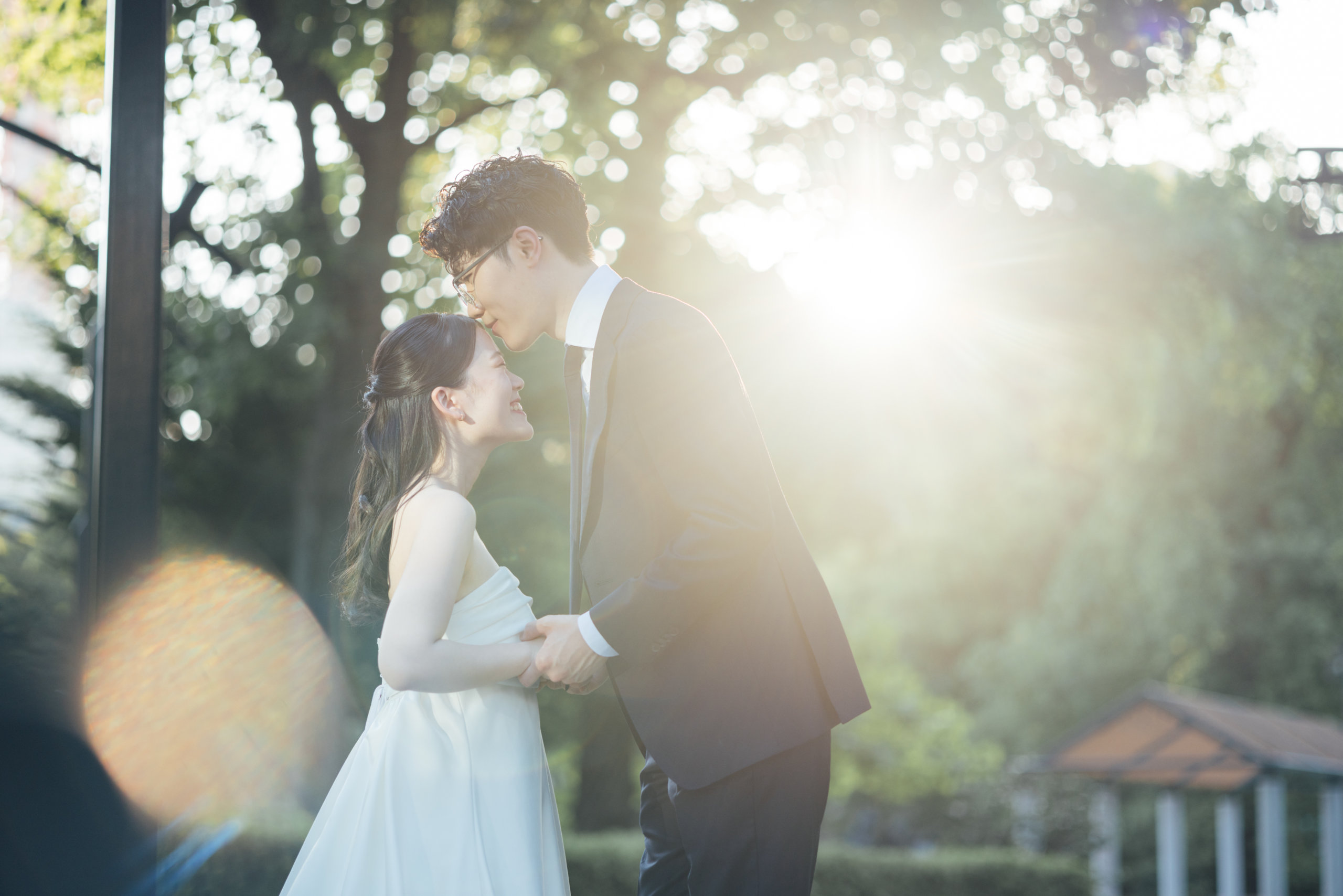 A gentle forehead kiss bathed in warm golden-hour sunlight filtering through the trees.