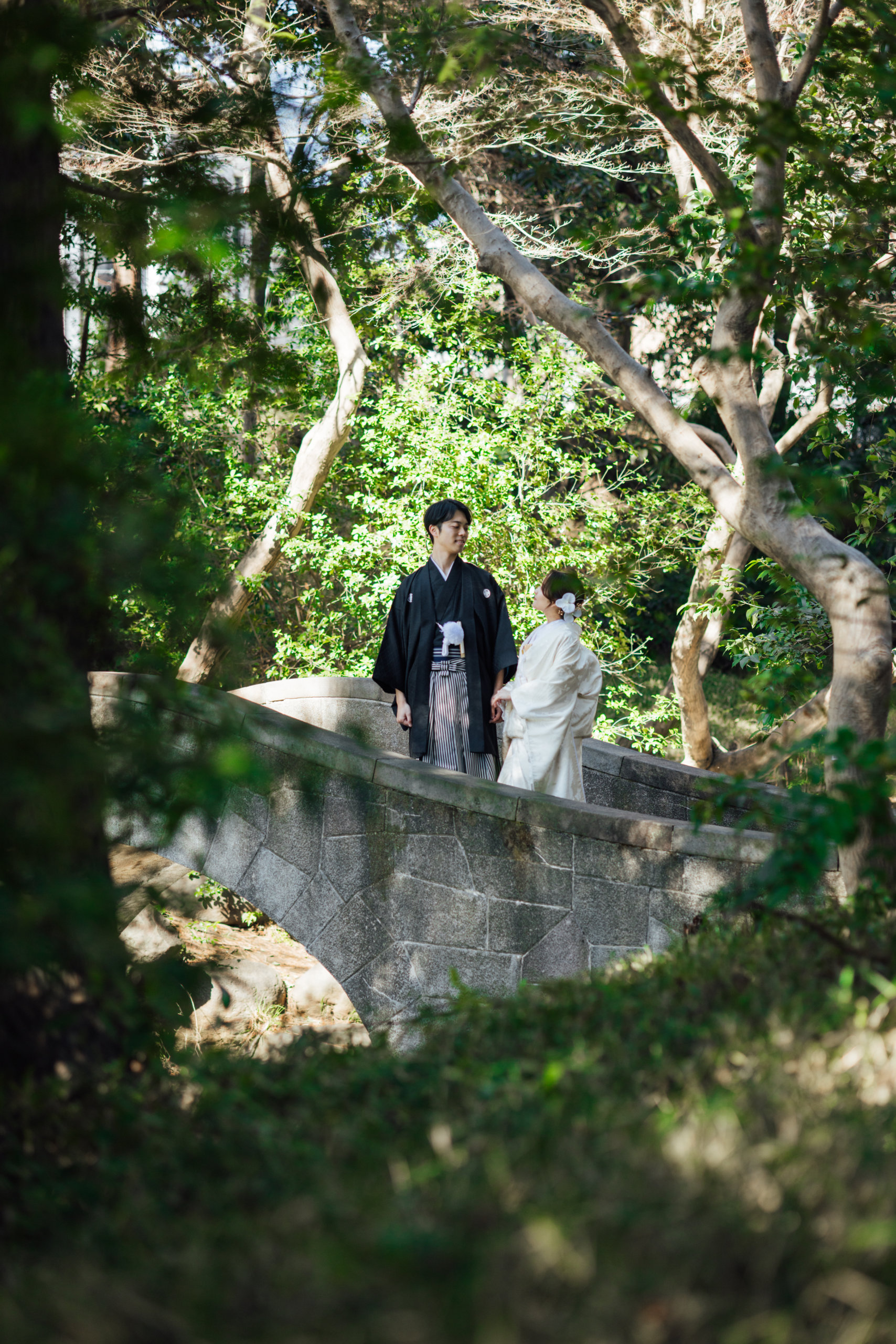 Woodland path at Arisugawa Memorial Park — dappled sunlight falls through the forest canopy onto a couple in wedding kimono walking the stone path