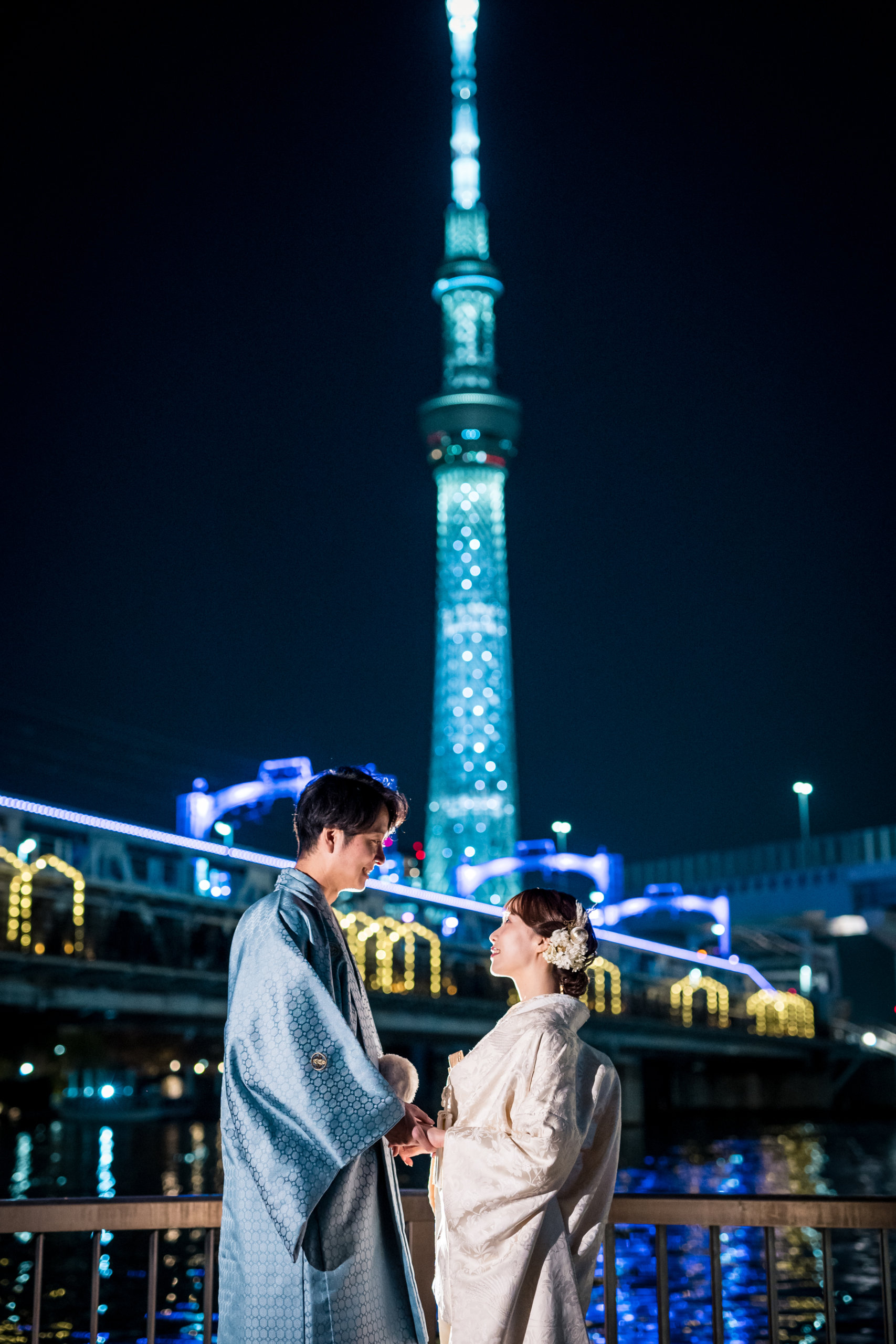 Asakusa and Tokyo Skytree double location wedding photography — traditional Edo-era temple district and Japan's tallest modern tower combine in one extraordinary day