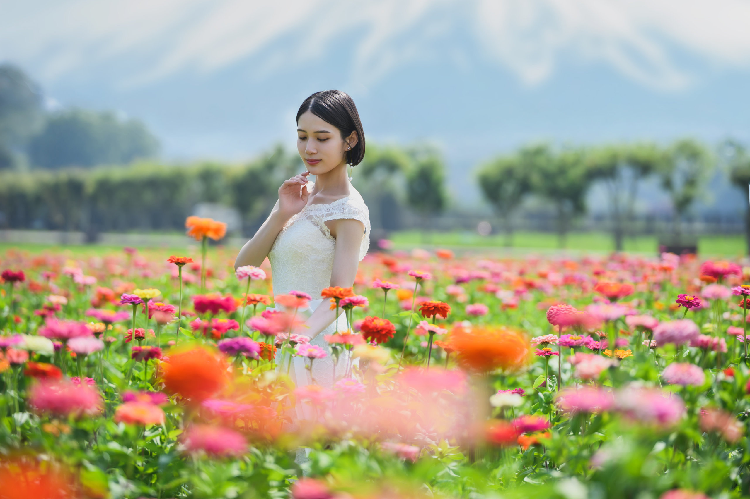 Wedding photo session in a flower garden with Mt. Fuji