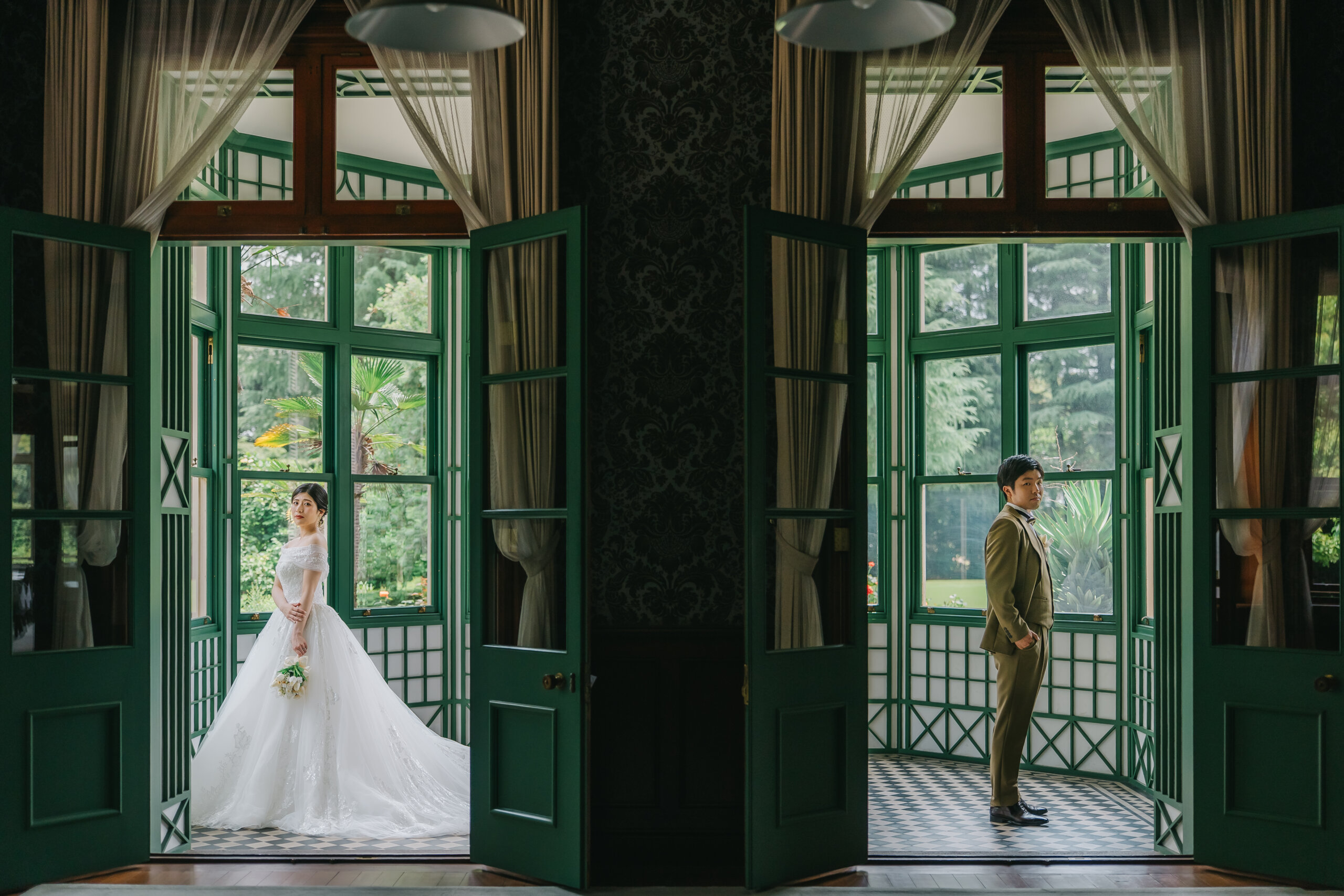 Former Furukawa Residence sunroom wedding photography — green window frames and checkered tile floor create a warm, greenhouse-like atmosphere unlike any other room in the residence