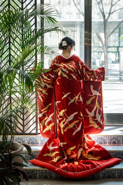 Back view of a red uchikake covered with gold and white cranes, its long train spread across tiled steps by the window at our Yokohama studio — Japan wedding photography