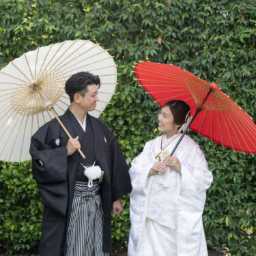 Couple in traditional wedding kimono holding wagasa parasols, the bride with a red one and the groom with a cream one, against a green hedge in a Japanese garden