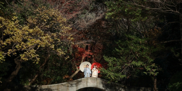 Crossing a stone bridge at Arisugawa Park beneath autumn leaves, paper umbrellas held high.
