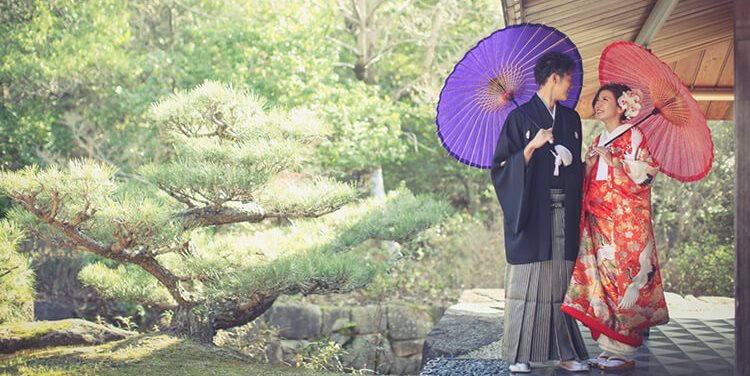 Sheltering beneath purple and red paper umbrellas at Korunagare-tei, a sculpted pine tree framing this tranquil scene from their traditional Japan wedding photography session.