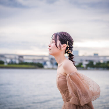 Profile of a bride with a braided updo and puff-sleeve tulle gown against Tokyo Bay and the elevated highway, Japan wedding photography