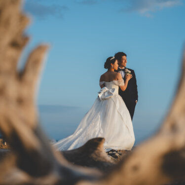 Couple embracing on the rocks under a blue sky, framed by blurred driftwood in the foreground, an artistic shot from a pre-wedding photoshoot in Japan