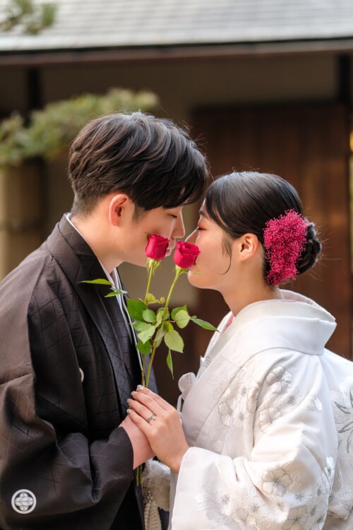 Groom in black montsuki and bride in shiromuku smelling red roses together, a romantic pose from a kimono wedding photoshoot in Japan