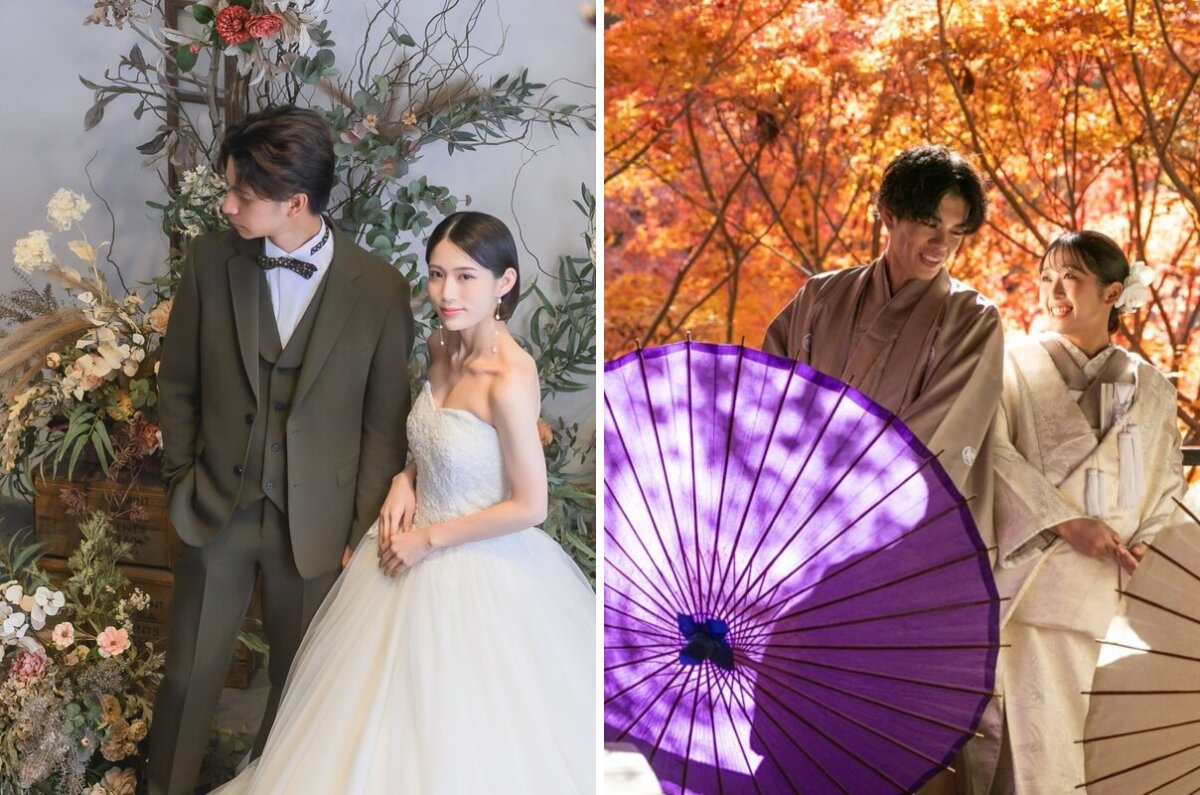 Couple in a wedding dress and suit in a studio decorated with dried flowers, and a kimono couple under autumn maple leaves, a studio and fall foliage pre-wedding photoshoot