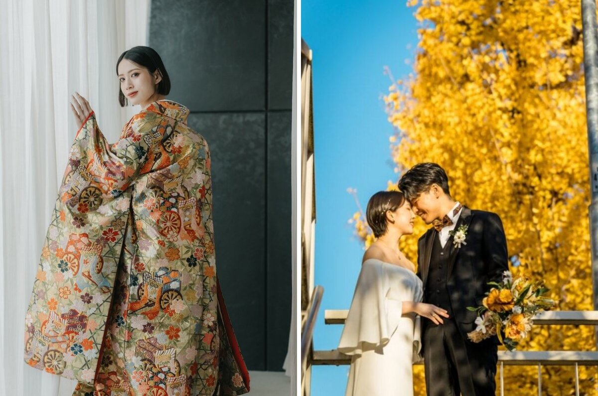 Bride in a colorful iro-uchikake kimono in the studio and a couple in Western wedding attire under golden ginkgo trees, a studio and autumn location pre-wedding photoshoot